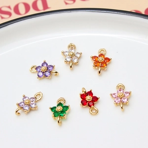 7-piece colorful zircon flower charms with gold-plated double-loop connectors for DIY jewelry