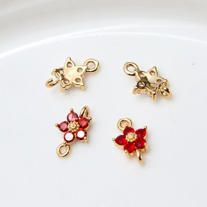Gold plated flower charms with red zircon for DIY jewelry earrings and hairpins