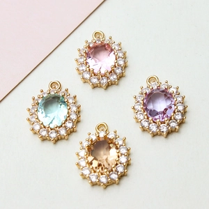 Oval DIY jewelry pendants in copper gold plating with colorful zircon crystals