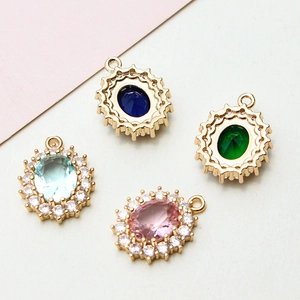 Oval copper pendants with colorful crystals and zircon inlay for DIY jewelry making