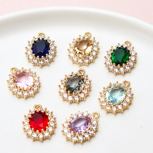 Oval zircon crystal pendants in eight colors with gold plated frames for DIY jewelry