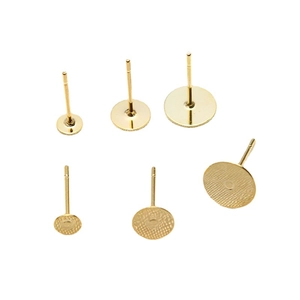 Various sizes of gold-plated flat pad earring studs with smooth and textured DIY bases