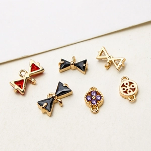 Gold-plated copper bow flower charms with colorful cubic zirconia for DIY jewelry making