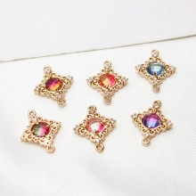 Detail view of square filigree pendant connectors with gradient crystal stones