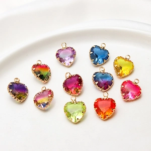 Collection of colorful gradient heart crystal charms with gold plating for DIY jewelry
