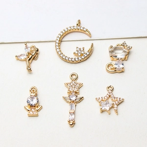 Golden moon star fairy cat pendants with cubic zirconia for DIY jewelry making