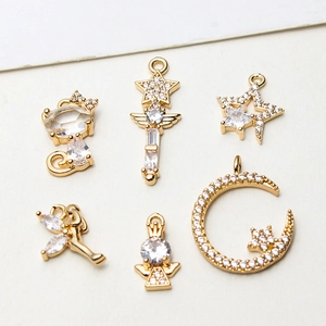 Gold plated copper fairy cat pendants with zircon for DIY jewelry necklaces and earrings