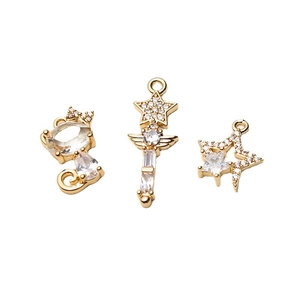 Gold-plated copper charms set with fairy wand and star cat pendant for DIY jewelry