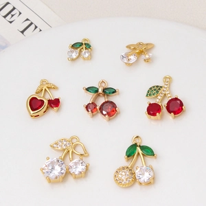 Gold Plated Copper Zirconia Cherry Pendant Only For Necklace Bracelet DIY Jewelry Making Accessory Small Fruit Charm Women