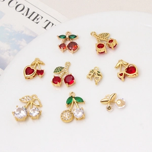 Gold-plated cherry pendants with red and green cubic zirconia for DIY jewelry making