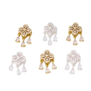 Gold and silver clover water drop tassel charms with white cubic zirconia in a set of six