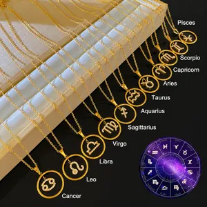 Stainless Steel 12 Zodiac Signs Pendant Necklace Gold Plated Rhinestone Inlaid Fashion Constellation Jewelry For Women