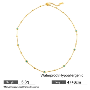 Waterproof gold plated stainless steel evil eye necklace with blue beads and dainty chain