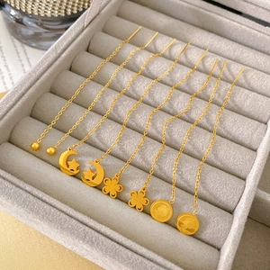 Orecchini a Filo Lungo con Frangia in Acciaio al Titanio per Donna Minimalista Elegante Fiore Quadrifoglio Stella Luna Oro Gioielli
