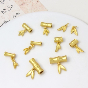 Golden bamboo joint and leaf charm with Fu character for DIY jewelry making