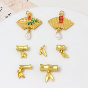 Bamboo shaped gold charms and fan pendants with pearls for jewelry making