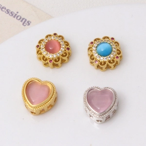Perles d'Espacement en Cuivre Or Traditionnel Avec Zirconia Micro-Incrusté Pierre Œil-de-chat Fleur Cœur Perles Mobiles pour Bijoux DIY