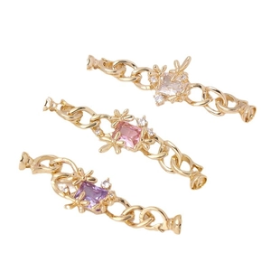 Three-piece set of gold flower connectors with zircon rectangle stones for DIY jewelry