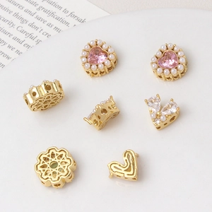 Gold-plated hollow heart and flower charms with pink zircon and pearl for DIY jewelry