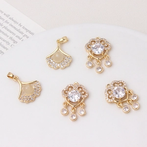 5pcs Chinese style zircon inlaid ginkgo leaf and Ruyi lock pendants for DIY jewelry making