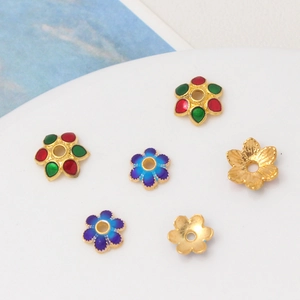 6 pieces of 8mm cloisonné flower bead caps in gold, red, and blue for DIY jewelry making
