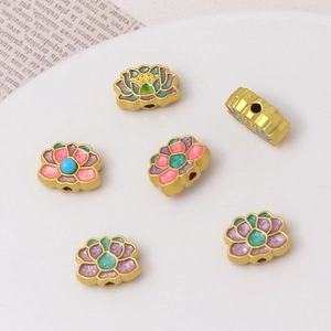 Golden lotus enamel flower beads with colorful gemstones for DIY jewelry making