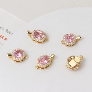 5Pcs gold plated copper connector clasps with pink zircon for DIY jewelry making