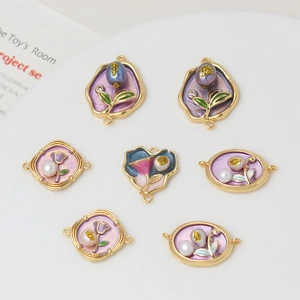 Enamel tulip and pearl flower charms with gold metal frame for DIY jewelry making