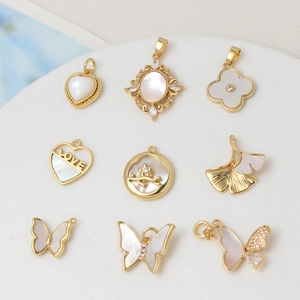18K Vergoldet Kupfer Weiß Muschel Schmetterling Herz Blume Ginkgo Blatt Anhänger Strass DIY Schmuckherstellung Charms