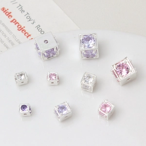 18k gold-plated square cubic beads with zircon inlays in pink, purple, and white colors