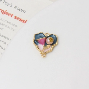 Detailed heart charm with enamel gradient pink flower and freshwater pearl accent