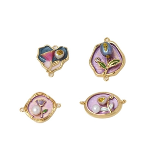 Vintage floral enamel pendant set with freshwater pearls and gold trim for DIY jewelry