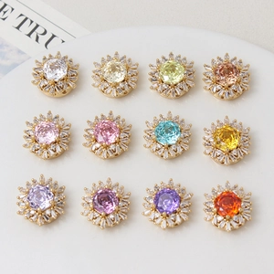 Detailed set of twelve sun flower charms with colorful zircon stones and gold plating