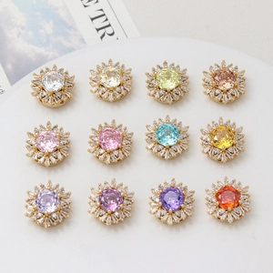 Set of 12 copper gold-plated flower spacers with colorful zirconia for DIY bracelets