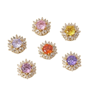 Gold-plated copper sunflower beads with colorful zircon stones in a group of six