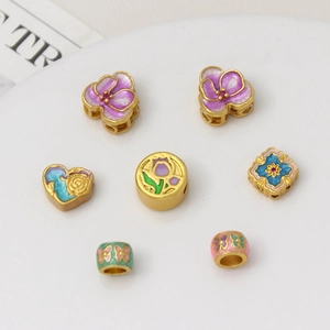 Vintage Copper Enamel Spacer Beads Flower Butterfly Heart Tulip Design For DIY Bracelet Jewelry Making Electroplated Gold Beads