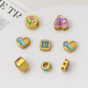 Gold tulip and rose enamel charm beads set for DIY jewelry making accessories