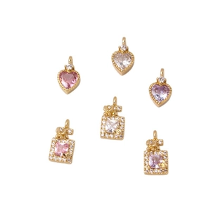 Micro-set zircon heart and square perfume bottle pendants in pink, white, and lavender