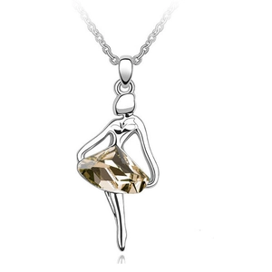 Elegant silver ballerina pendant necklace with champagne crystal skirt on white background