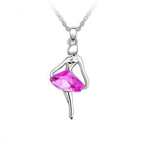 Elegant ballerina pendant necklace with pink crystal and polished silver chain