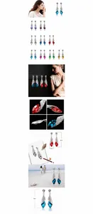 Détail macro de boucles d'oreilles en cristal larme avec dimensions et options de couleurs