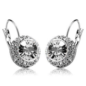 Sparkling silver leverback earrings with round crystal center and halo zircon accents