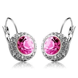Elegant leverback crystal earrings with magenta stones and clear zircon accents