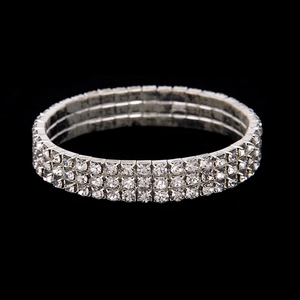 Three-row sparkling crystal elastic bracelet with silver-tone metal and clear rhinestones