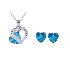 Schmuckset aus Halskette und Ohrringen mit dunkelblauen Herz-Kristallen und Silber