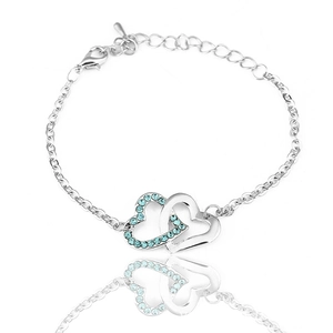 Trendy Alloy Rhinestone Double Heart Link Bracelet Adjustable Romantic Heart Charm Bracelet Silver Gold Plated Jewelry Women Gift