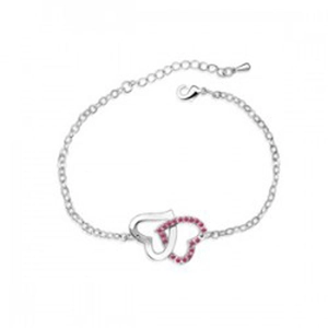 Intertwined heart charm bracelet in silver with sparkling pink crystals and adjustable chain