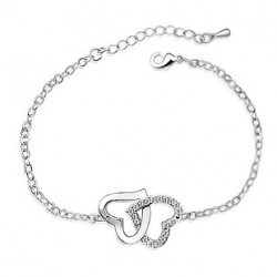 Sparkling crystal double heart interlaced bracelet with adjustable silver O-link chain