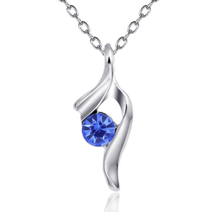 Collier pendentif élégant en courbe S argentée avec un cristal bleu rond brillant