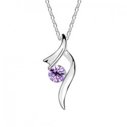 Collier en argent moderne avec pendentif abstrait courbé et cristal violet rond central